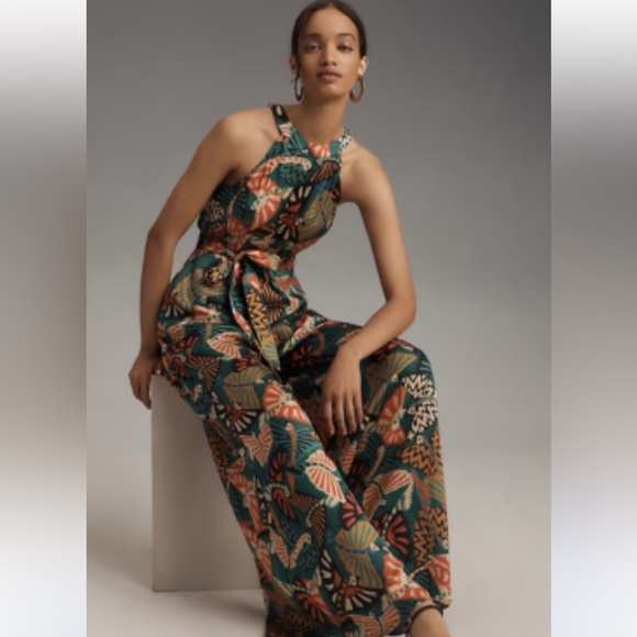 Anthropologie Tropical Print Halter Jumpsuit